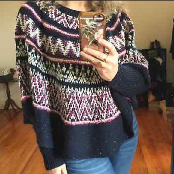 ANTHROPOLOGIE Fair Isle Sleeping On Snow Poncho Cape Style Sweater M Like New - Picture 5 of 16